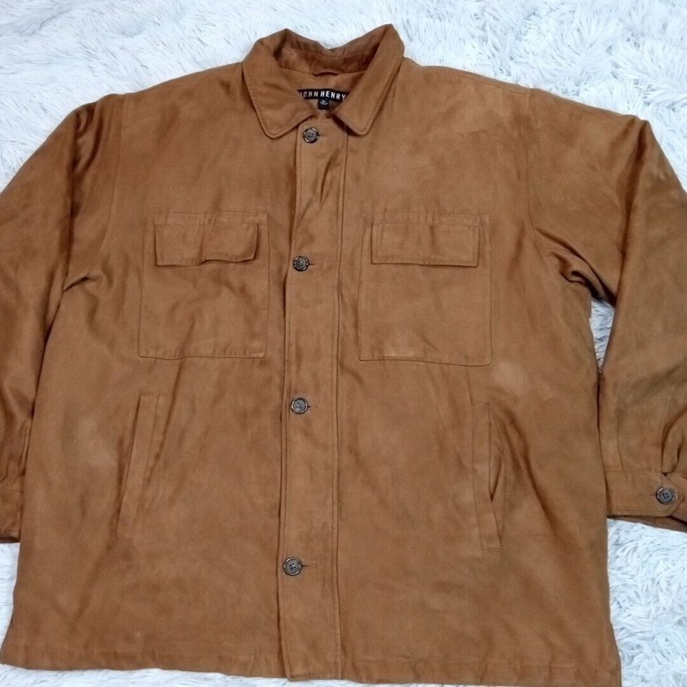 John Henry Jacket Mens XL Brown Chore Barn Coat Utility Faux Suede Zip Up Button